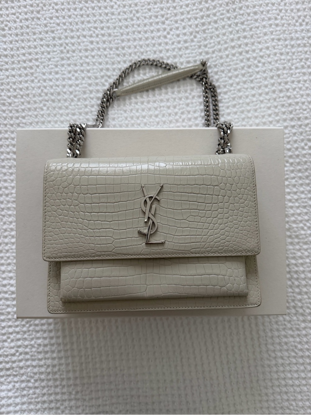 Saint Laurent Small Blanc Vintage Croc-Embossed Leather Chain Shoulder Bag
